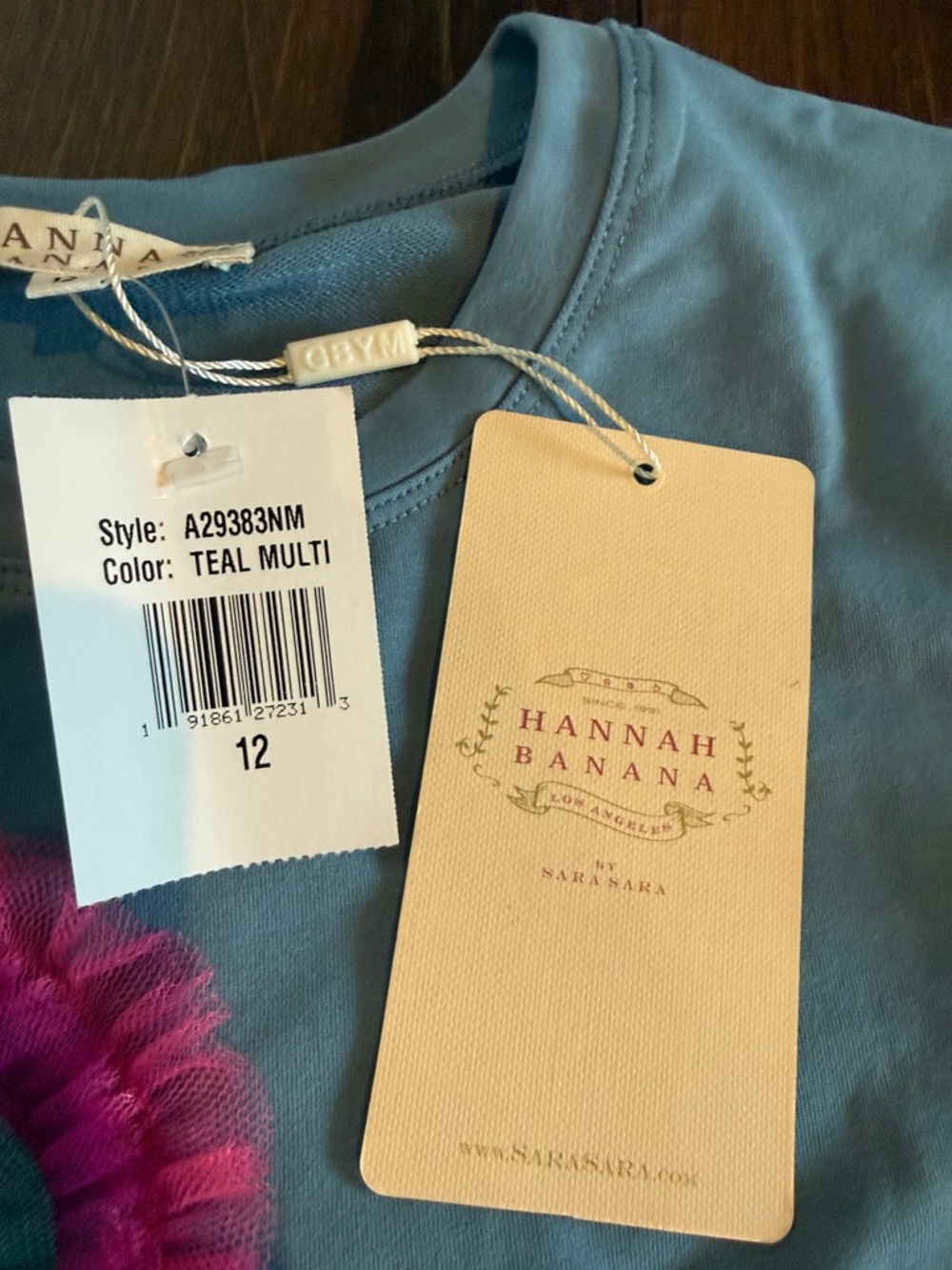 Hannah Banana Blue Sweatshirt with Pink and Teal Heart and Rainbow Stripe Trim - Picture 2 of 5
